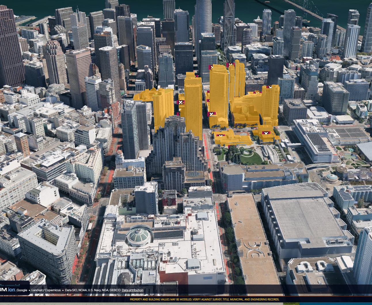 City-scale map with gold building candidates.