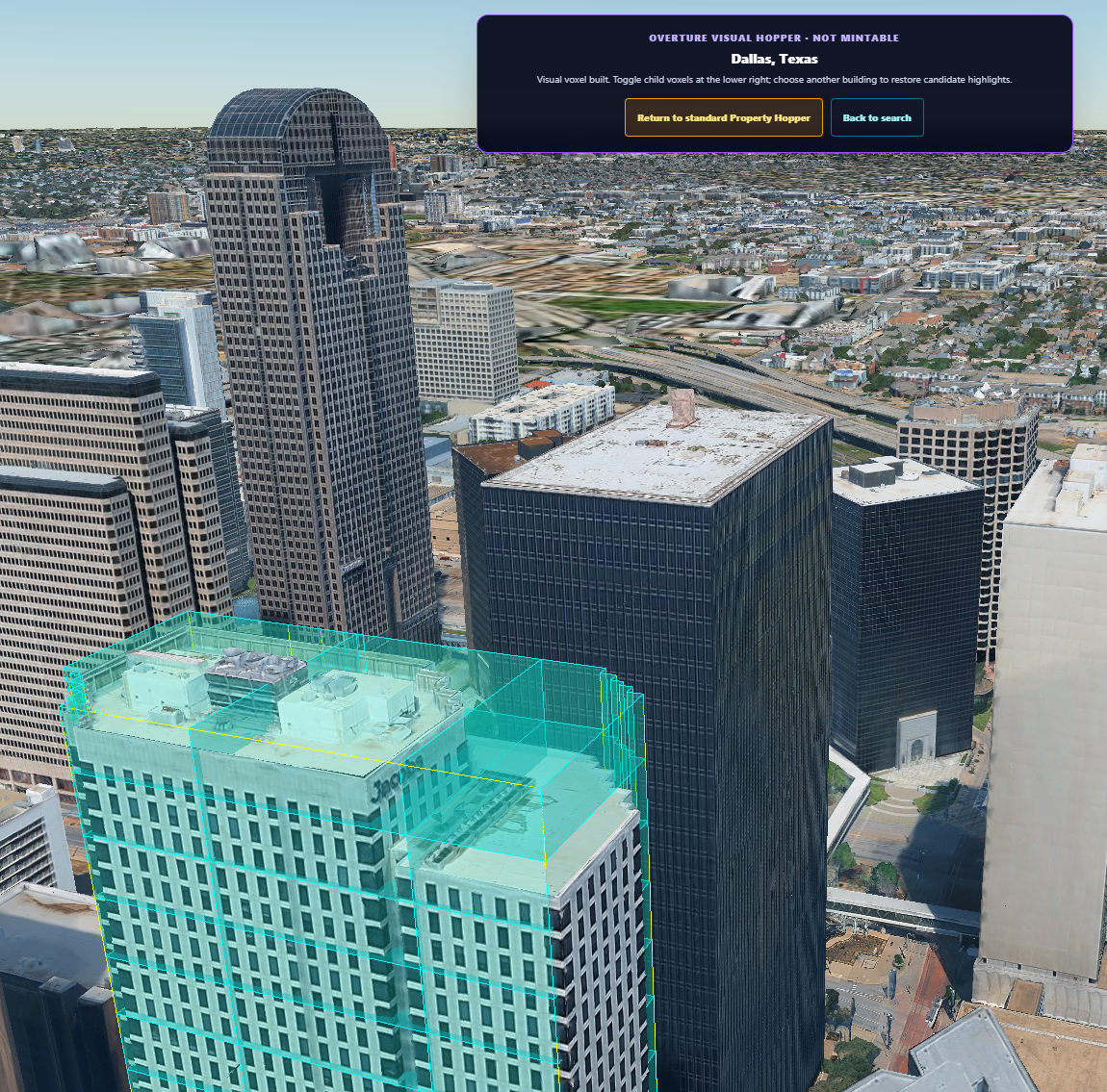 Dallas building with a cyan voxel overlay.