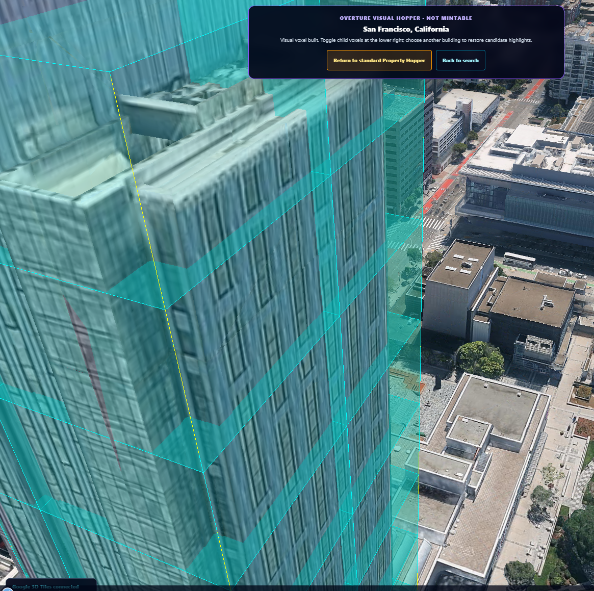 San Francisco building with stacked cyan voxel boundaries.