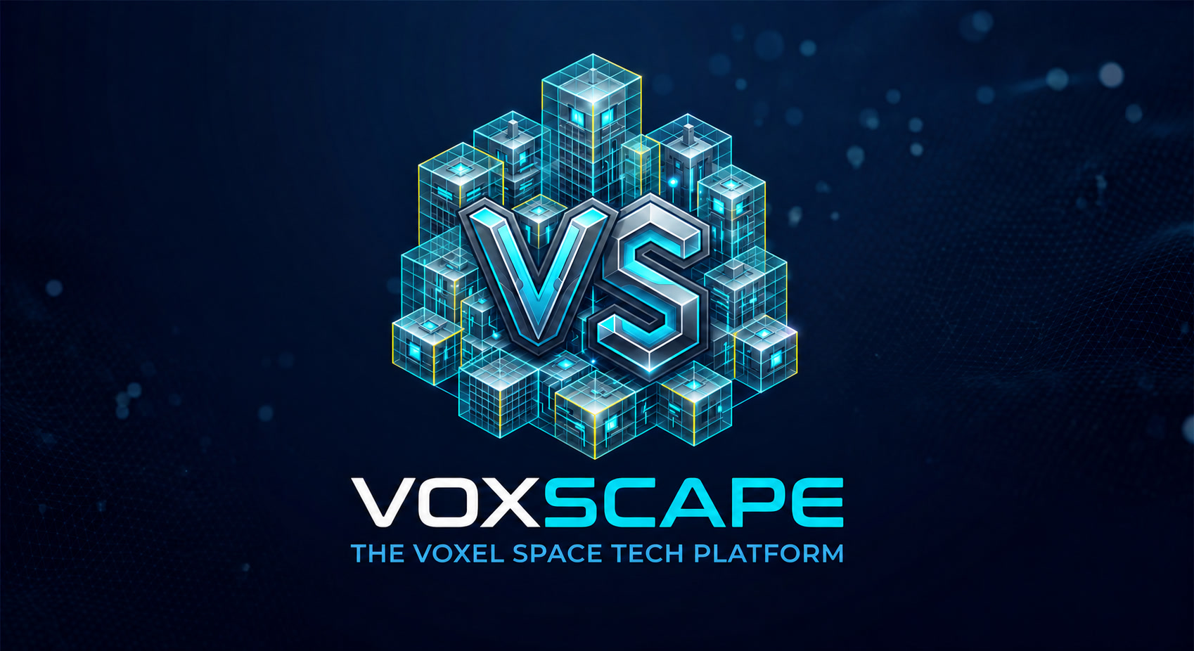 Voxscape: silver and cyan VS emblem surrounded by a city of glowing child voxels, with the Voxscape wordmark.